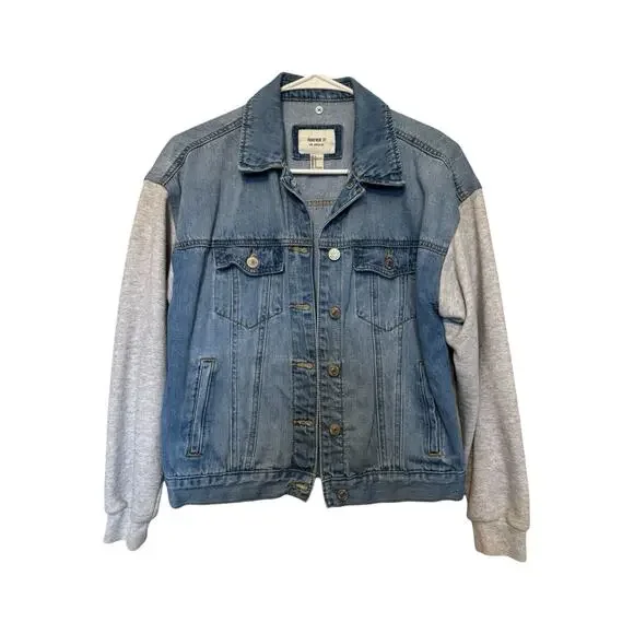 Forever 21 Denim Jacket with Grey Sweatshirt Sleeves Size Small - Picture 2 of 6